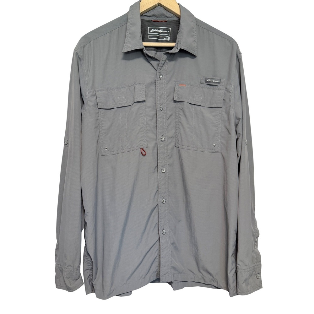 Eddie Bauer Ripstop Shirt Mens Large Grey Long Sleeve Convertible Hiking Fishing